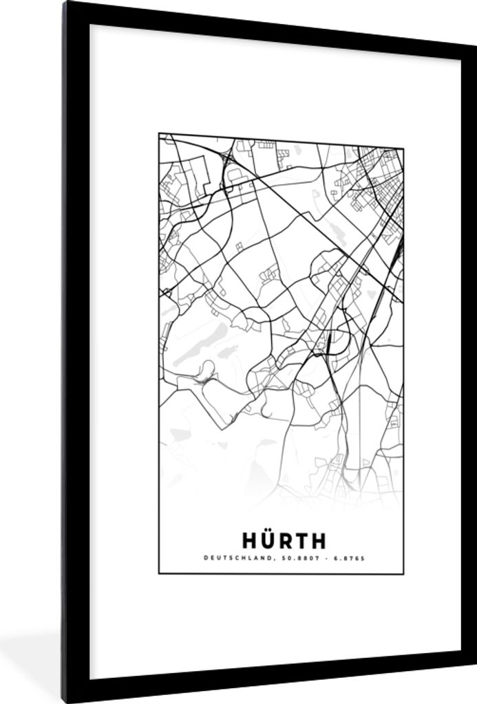MuchoWow Gerahmtes Poster Karte - Hürth - Stadtplan - Karte 60x90 cm - Poster mit Schwarzem Bilderrahmen Wandposter Rahmen Foto Bilder - Dekorat...