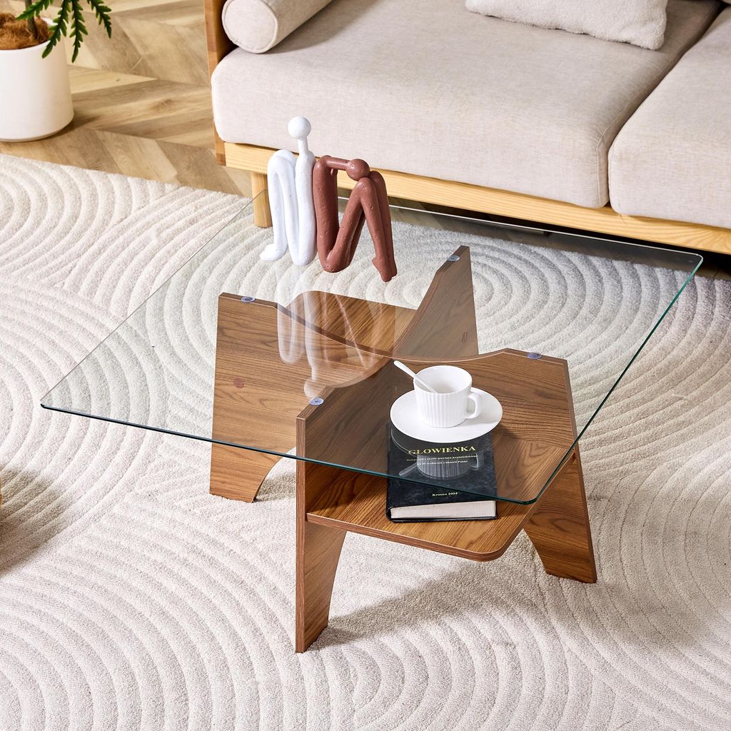 STILVORA Beistelltisch aus Sicherheitsglas mit 80 cm Seitenlänge, Couchtisch mit MDF-Gestell in Nussbaumoptik, Glastisch für Wohnzimmer Esszimmer...