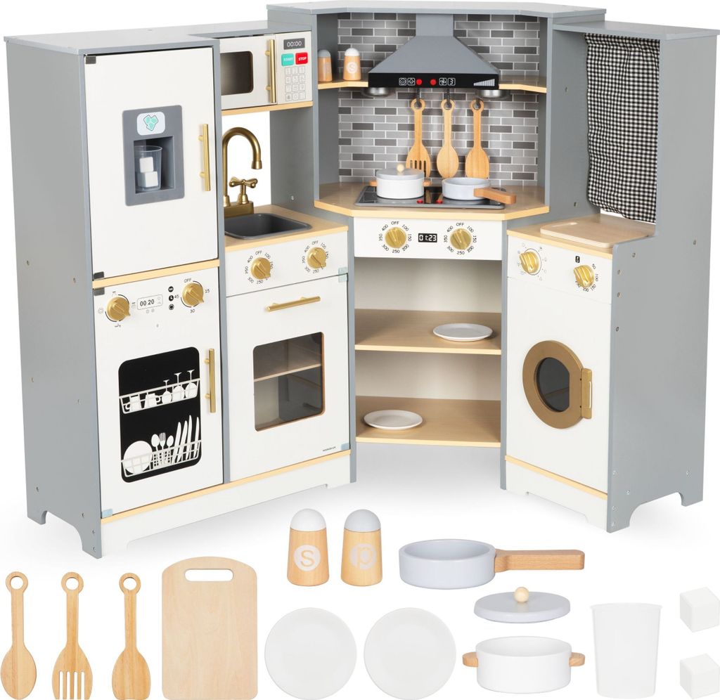 A wooden corner kitchen playset for children, complete with accessories, set against a light gray background.