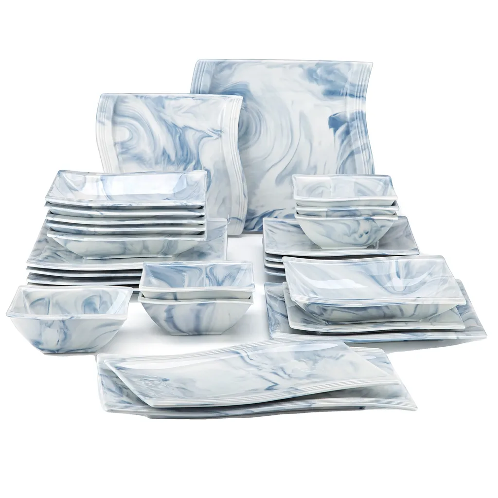 Service de vaisselle 26 pièces bleu en porcelaine carrée pour 6 convives