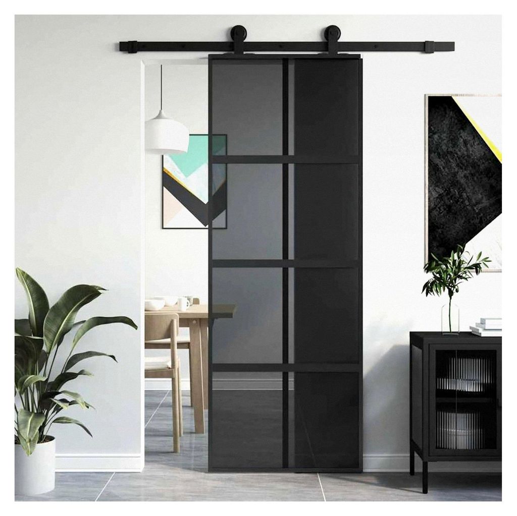 Schwarze und dunkel transparente Schiebetür aus Hartglas und Aluminium, 76x205cm