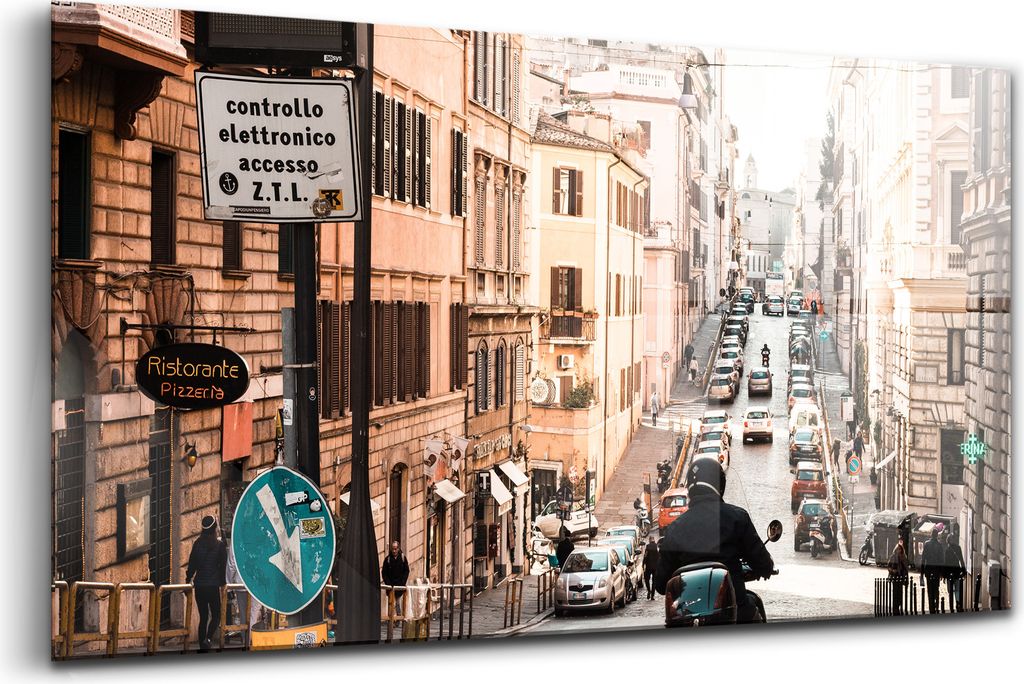 120x60 - Wandmalerei auf Glas- Wanddekoration aus Glas - Autos und Motorräder auf der Straße in Rom