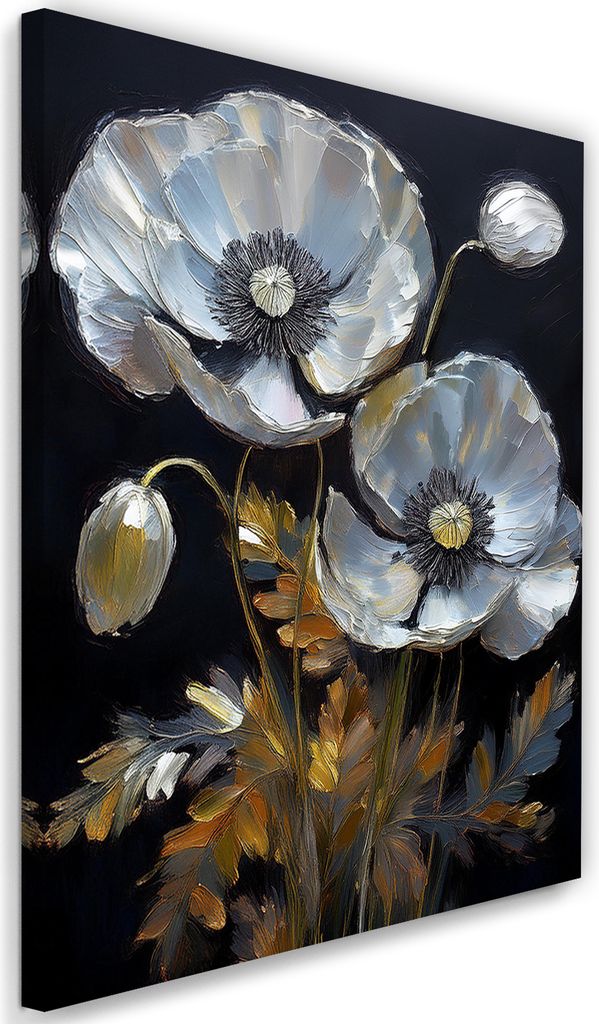 Leinwandbild Silber Blumen Mohnblumen Gemalt 70x100 Feeby Silber bild für die wand bereit zum aufhängen