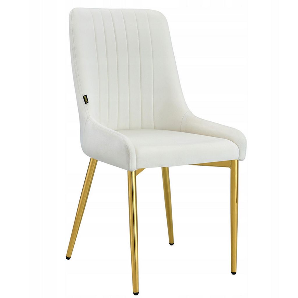 Polsterstuhl aus Samt – Cremefarben mit goldenen Metallbeinen und vertikalen Ziernähten | Eleganter Esszimmerstuhl im Glamour Design Queen