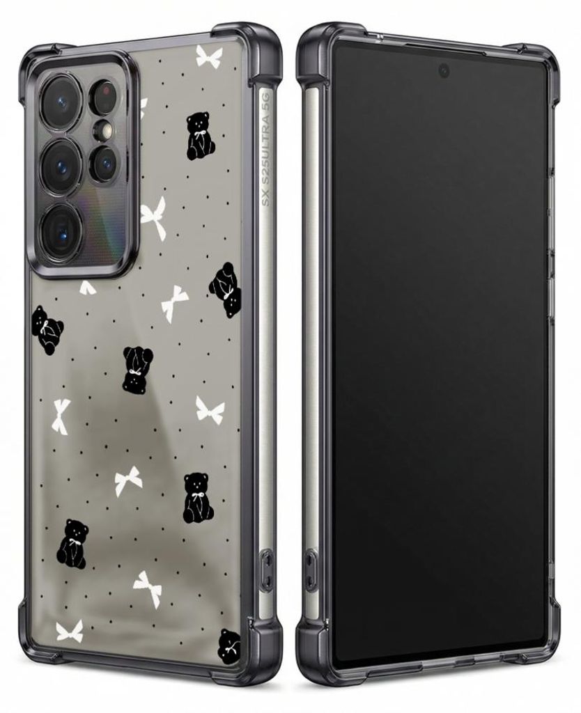 Personalisierte Hülle mit Bild für Samsung Galaxy S23+ Elektroplattiert TPU Stoßdämpfer Handyhülle mit Schwarze Bären, weiße Schleifen, Punkte