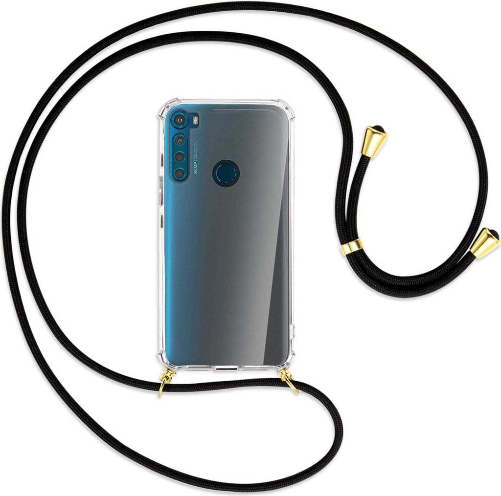 Handykette Backcover-Schutzhülle mit Band (Metall goldfarben) für Motorola One Fusion Plus - schwarz