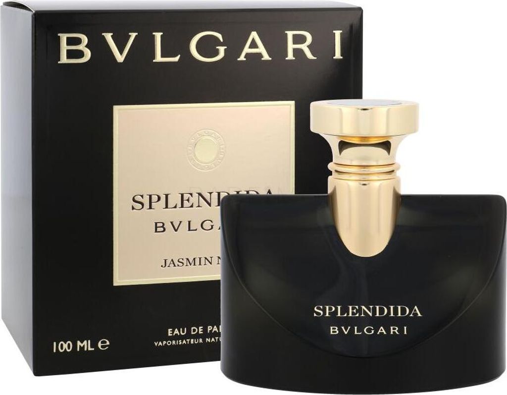 A black and gold perfume bottle and its packaging.