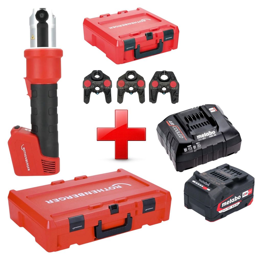 Rothenberger ROMAX NANO Akku Pressmaschine 18 V 34 kN CAS + 1x Akku 4,0 Ah + Ladegerät + 3 tlg. TH Pressbacken Set + Rocase