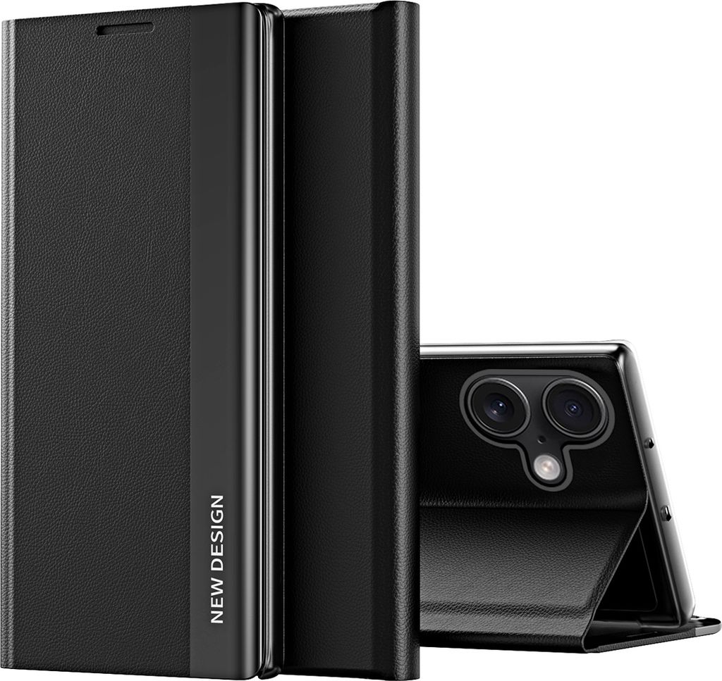 iPhone 16 Hülle, Leder PolyurethanMagnetisch Klapphülle PC Innere Schutzhülle mit Standfunktion für iPhone 16 Schwarz