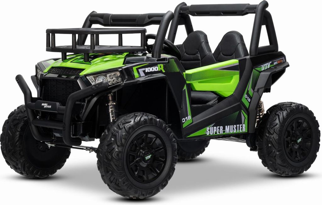 A green and black children's electric UTV is shown from a front-side angle against a white background.