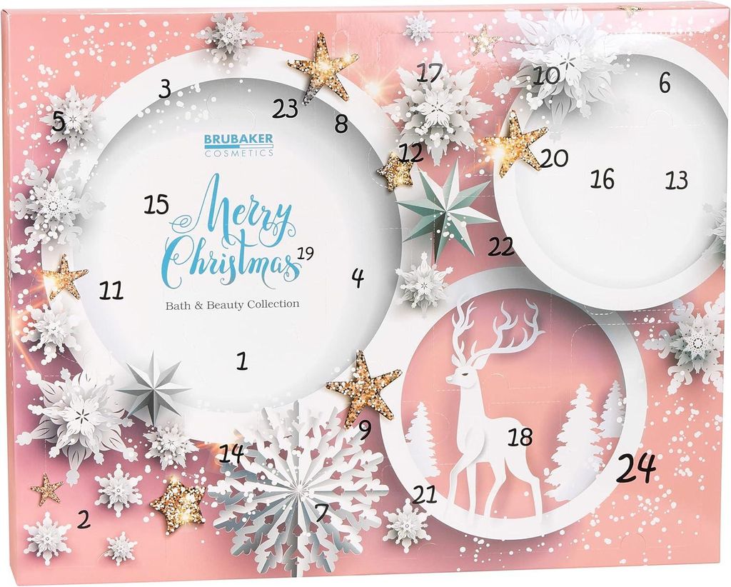BRUBAKER Beauty Adventskalender 2025 XXL für Frauen & Mädchen, 24x Körperpflege & Spa Accessoires, Sterne & Schneeflocken, Weihnachtsgeschenk Rosa