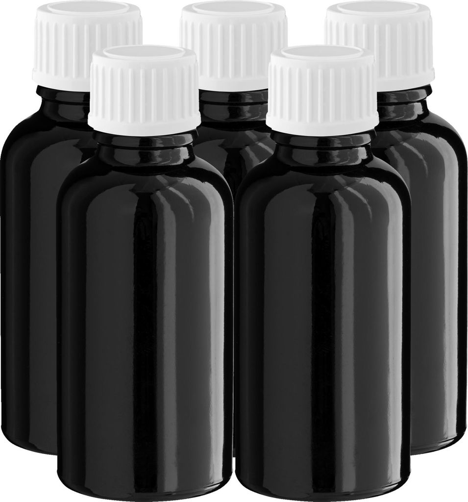 5x Glasflasche schwarz 30 ml mit weißem PP Schraubverschluss Kappe Set