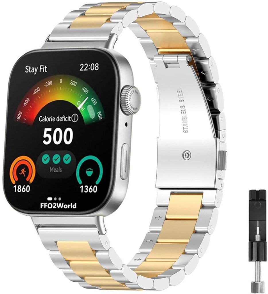 FFO2World Edelstahl-Gliederarmband, passend für Huawei Watch Fit 4 Pro / Watch Fit 4 / Watch Fit 3 – Metall-Uhrenarmband aus Edelstahl – Silbe...