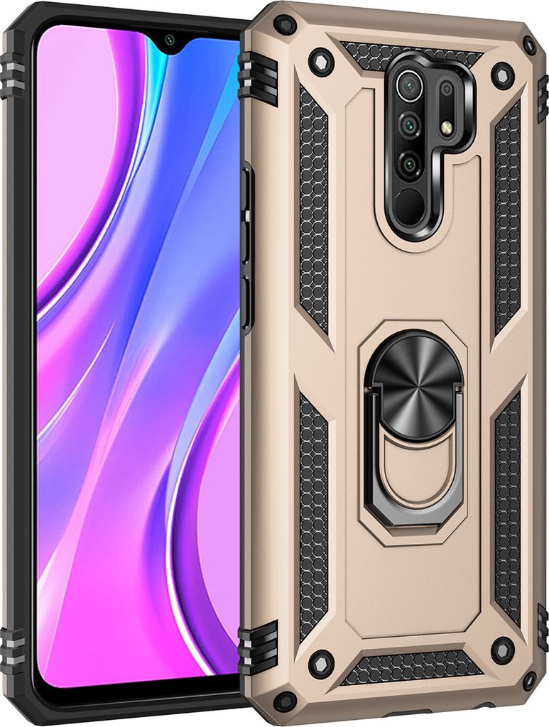 LaimTop Schutzhülle für Redmi 9, Dual Layer Robust Militäre Fallschutz Hülle mit Ringhalterung Ständer für Xiaomi Redmi 9 Gold