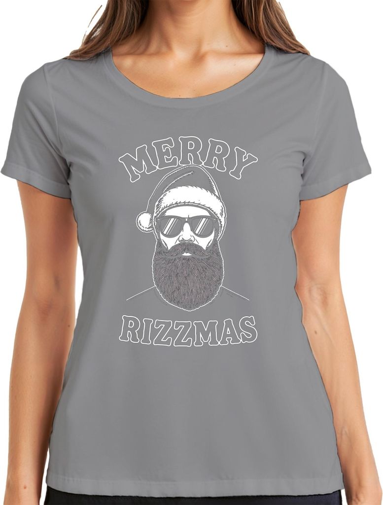 MERRY RIZZMAS Weihnachten Hipster Bärtiger Lustig Geschenkidee Damen T-Shirt, Grau, L