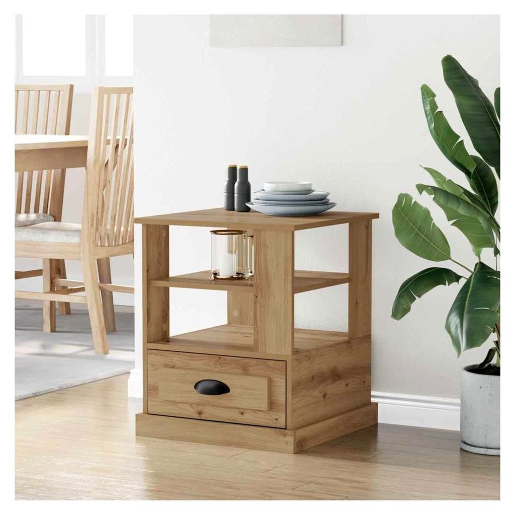 Nachttisch Artisan-Eiche 50x50x60 cm, Holzwerkstoff, mit Schublade und 2 Regalen, moderner Stil, langlebiger Stauraum für das Schlafzimmer