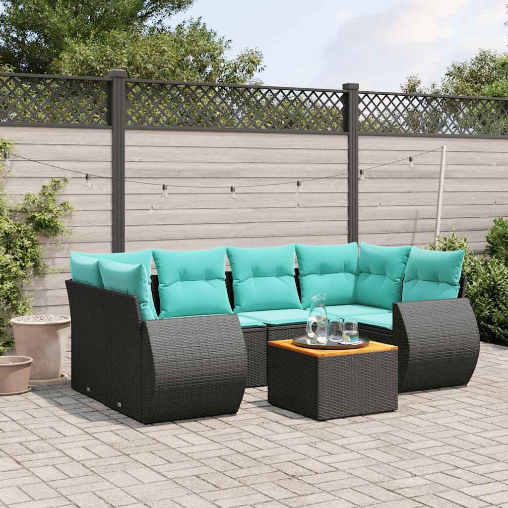 Möbel 7-teiliges Gartensofa-Set mit Kissen, schwarzes Polyrattan - Gartenmöbelgarnituren CC4668