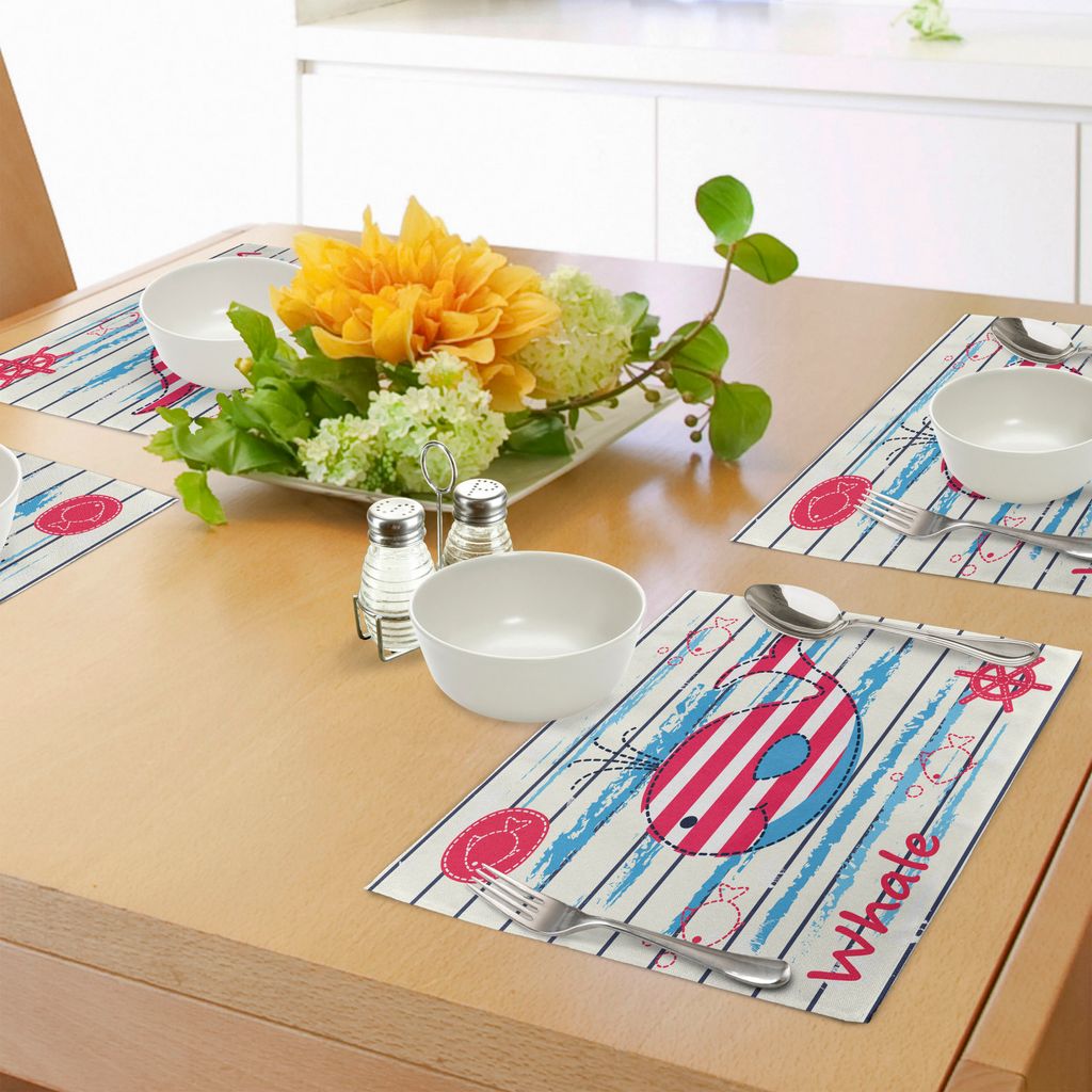 ABAKUHAUS Karikatur Platzmatten, Niedlicher Wal, der mit Fisch-Seemann-Marine-Welt Kindercartoon-Bild-Druck schwimmt, Tiscjdeco aus Farbfesten Stof...