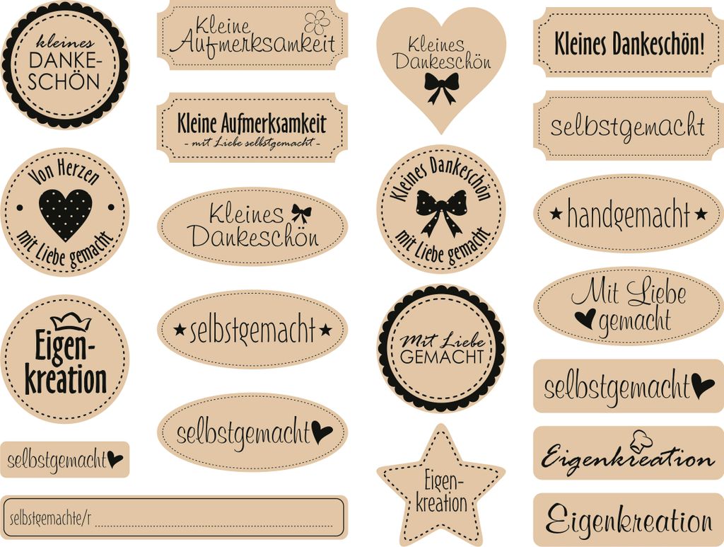 Kraftpapier Sticker Formen mit Text sortiert