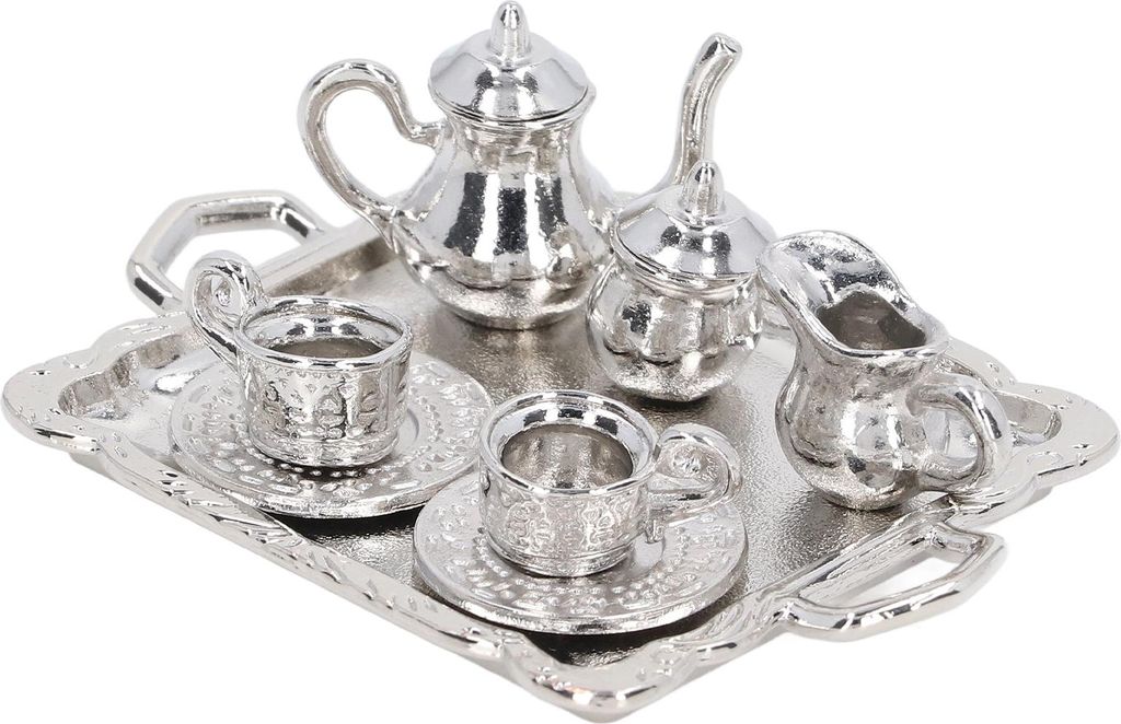Mini -Tee -Set Metall 1/12 Skalierte Simulation Lifelike Miniatur Cup Tablett für Dollhouse