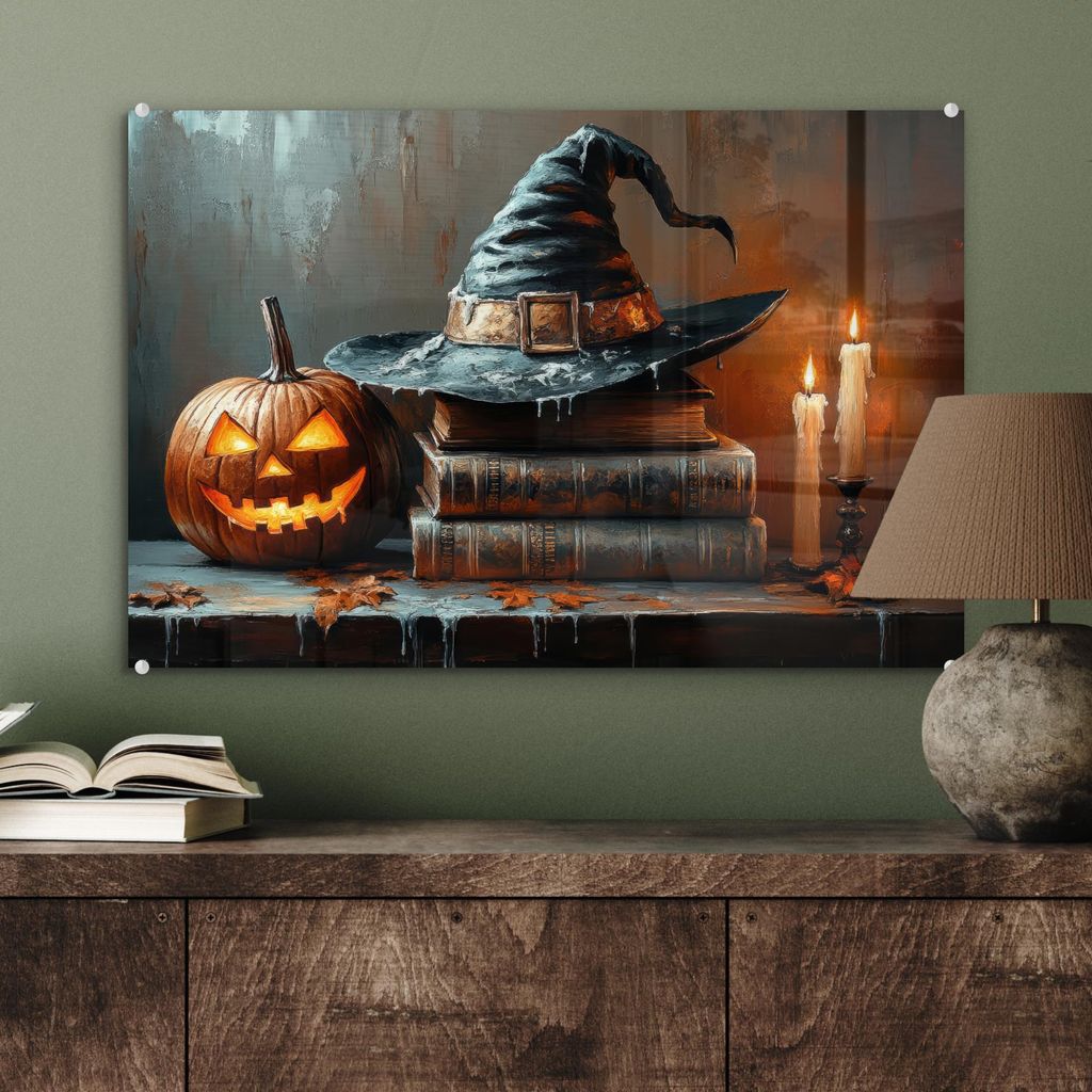 MuchoWow Glasbilder - Bilder auf Wandbild - Foto auf Glas Halloween - Stillleben - Hexenhut - Kürbis - Hexe 60x40 cm Wanddekoration aus Glas - Acr...