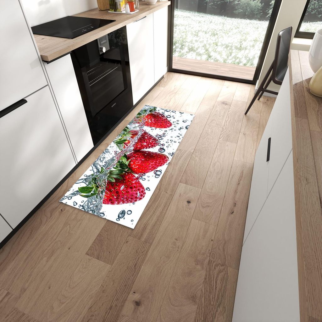 Küchenteppich 60x150cm rutschfest & abwischbar PVC Läufer - In Wasser Erdbeeren