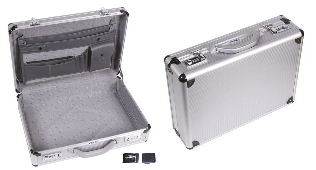 Perel Aluminium Aktenkoffer für 15,6 Zoll Laptop und A4 Dokumente, Hartschalenkoffer mit 2