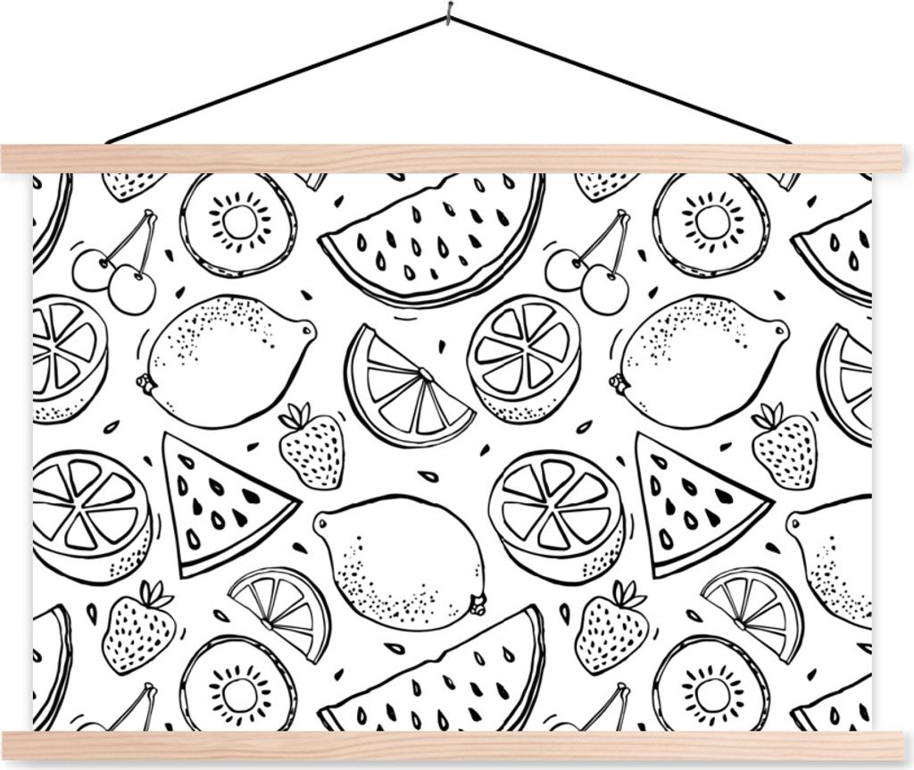 MuchoWow Textilposter Erdbeere - Kiwi - Muster - Schwarz - Weiß 120x80 cm mit holzfarbenen Rahmen - Aufhängeset