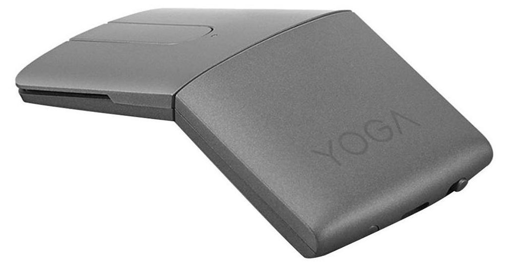 A gray wireless mouse with the word "YOGA" embossed on it.
