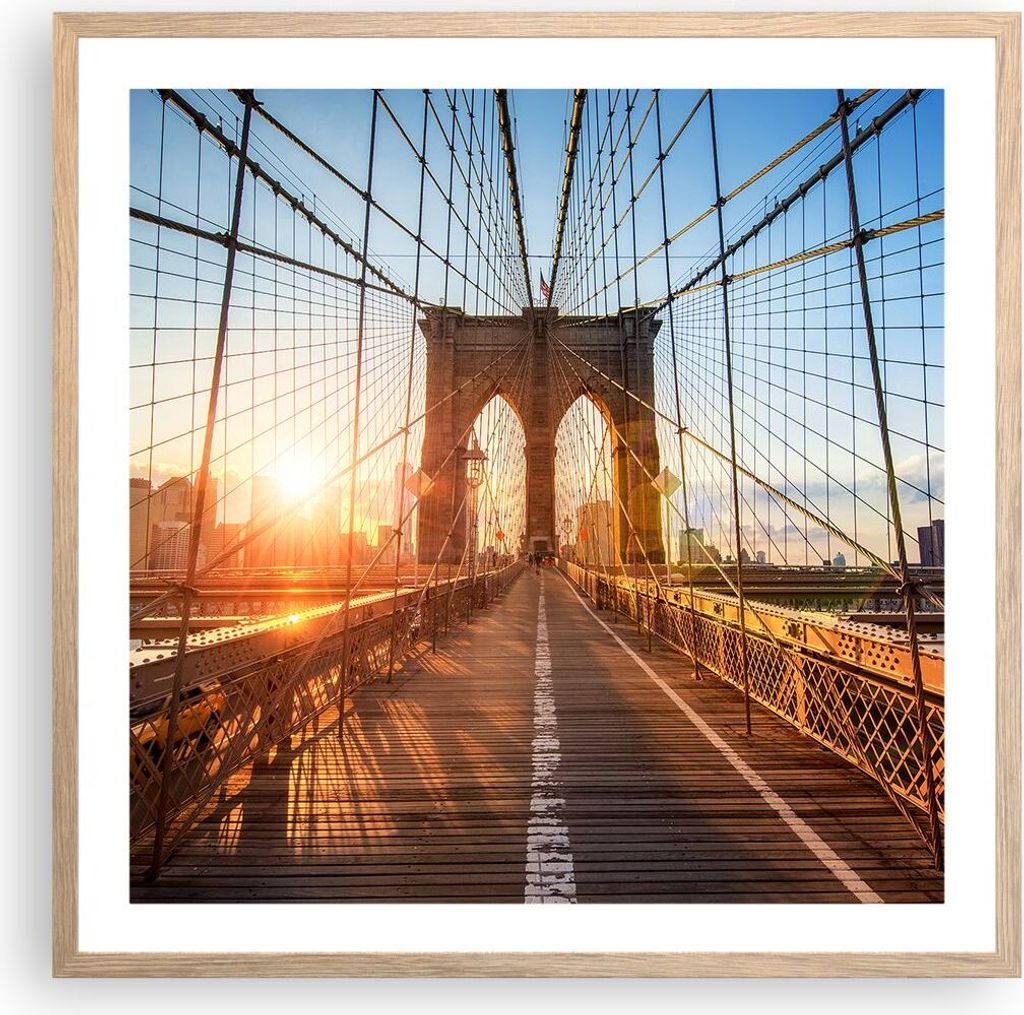 Gerahmtes Poster - Rahmen in heller Eiche - New York Brücke - 60x60 cm - Wand Bild - Wanddeko - Wandbilder - Kunstposter - Wandposter - Bilderrahm...