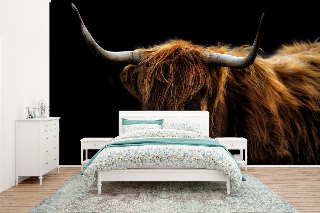 MuchoWow Fototapete für Wohnzimmer oder Schlafzimmer Wandtapete Vinyl Motivtapete Schottischer Highlander - Hörner - Schwarz - Tiere - Natur - ...