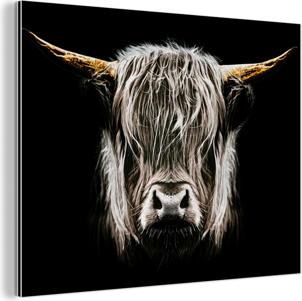 MuchoWow Wanddekoration Metall Metallbild Wandkunst 80x60 cm Schottisches Hochlandrind - Gold - Hörner - Schwarz und weiß - Kuh - Tiere MuchoWow ...