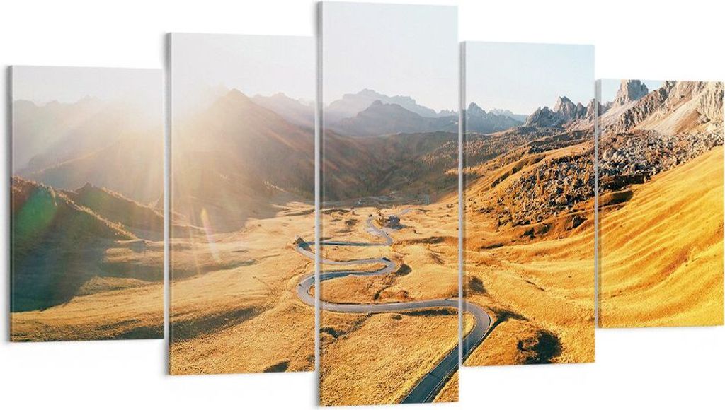 Bild auf Leinwand - Leinwandbild - 5 Teile - Sonne Berge Weg - 160x85cm - Wand Bild - Wanddeko - Wandbilder - Leinwanddruck - Bilder - Wanddekorati...