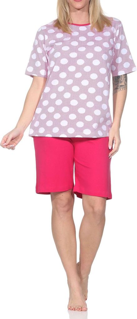 Normann Damen kurzarm Schlafanzug Shorty Pyjama in Tupfen-Punkte Optik - auch in Übergröße ; pink , 48