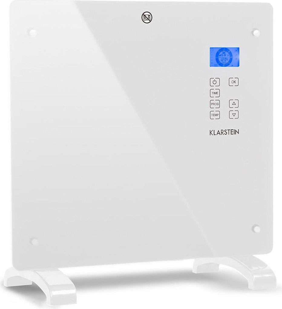 A white electric heater with a digital display and control panel, standing on white legs.