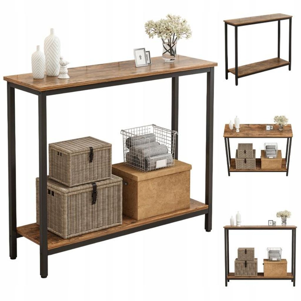 Multiple views of a narrow console table with a rustic wood top and black metal frame, shown with decorative items and storage boxes.