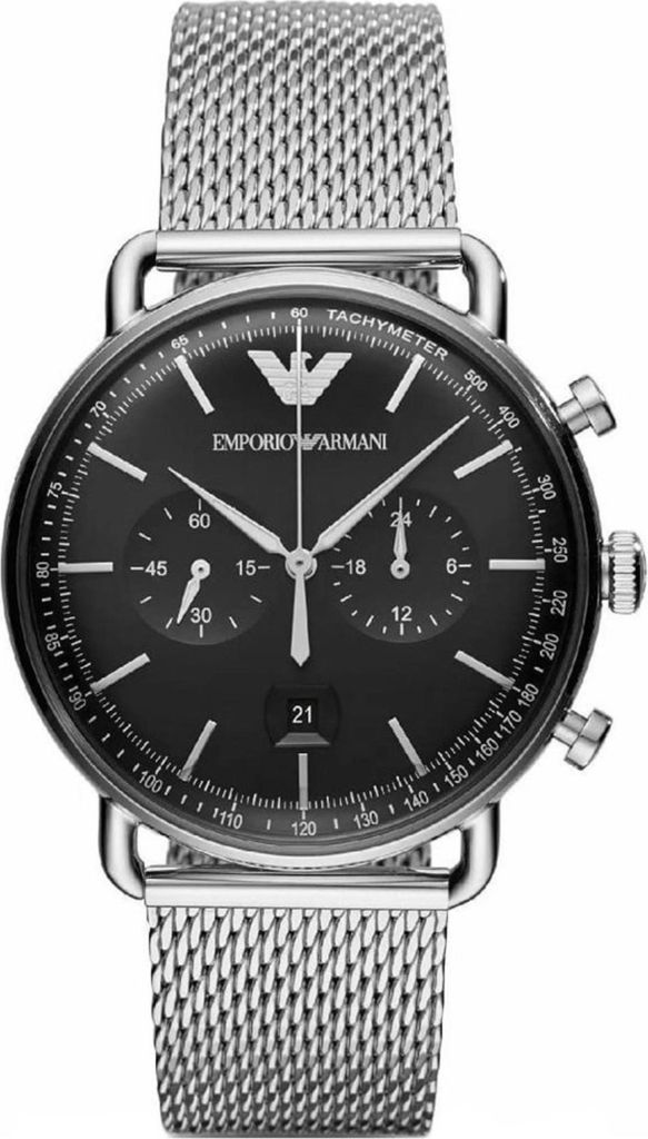 A close-up studio shot of an Emporio Armani chronograph men's watch with a black dial and a silver mesh strap.