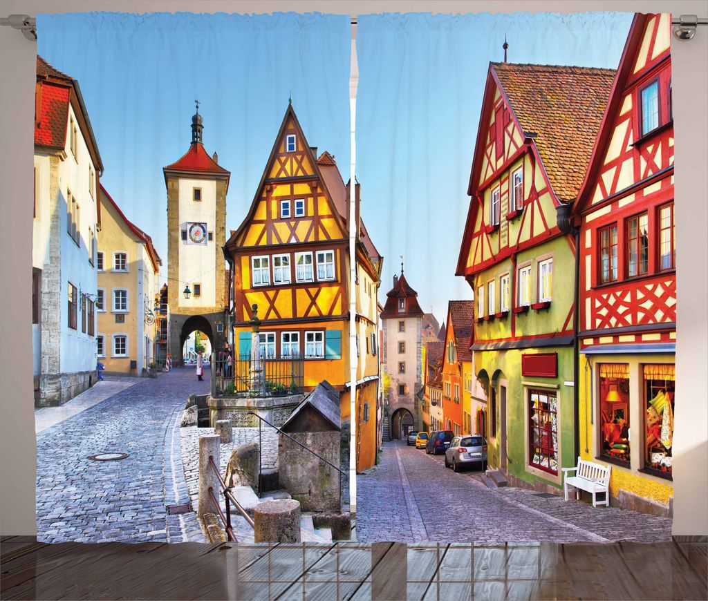 ABAKUHAUS Deutsche Rustikaler Vorhang, Bunte Straße Häuser, Wohnzimmer Universalband Gardinen mit Schlaufen und Haken, 280 x 245 cm, Mehrfarbig
