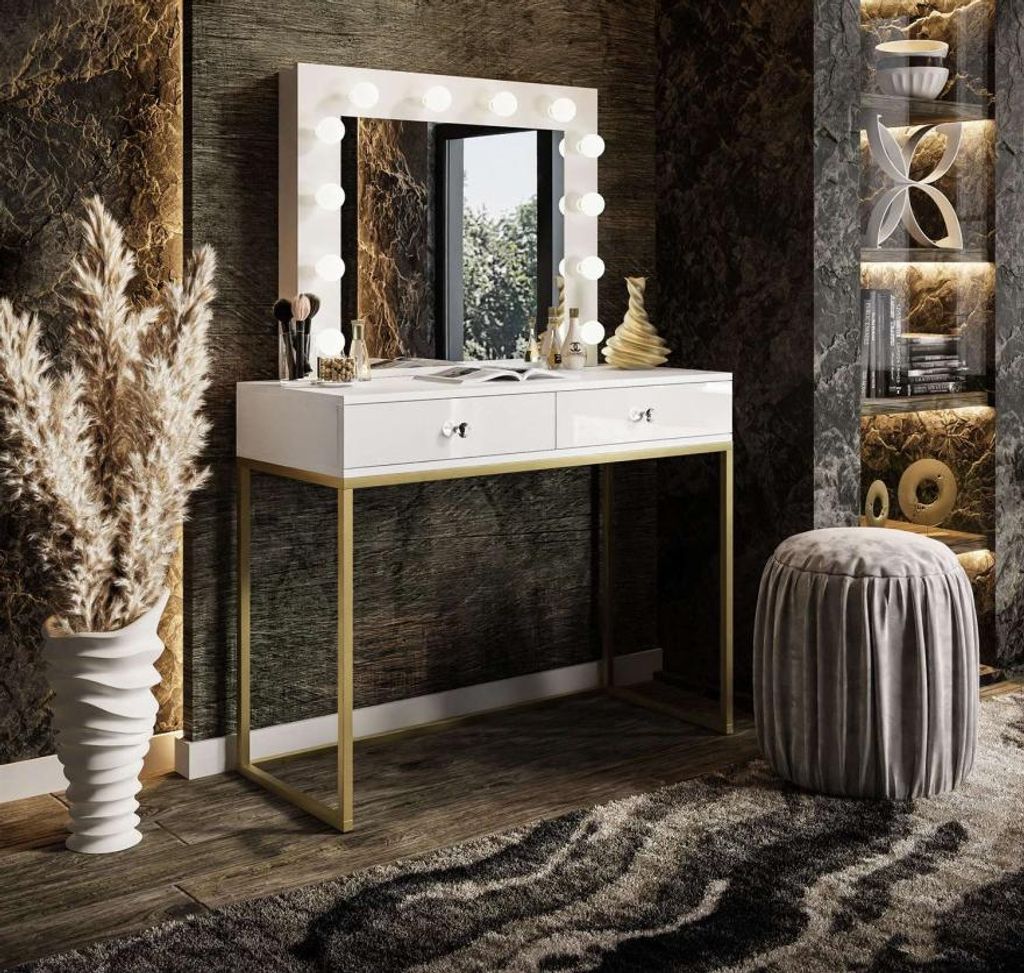Schminktisch BLANCO GOLD mit Spiegel und Beleuchtung weiß Hochglanz mit Griffen