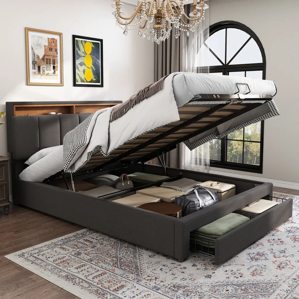 Lit Double 140x200cm Boxspring Hydraulique en Lin avec LED Design - 2