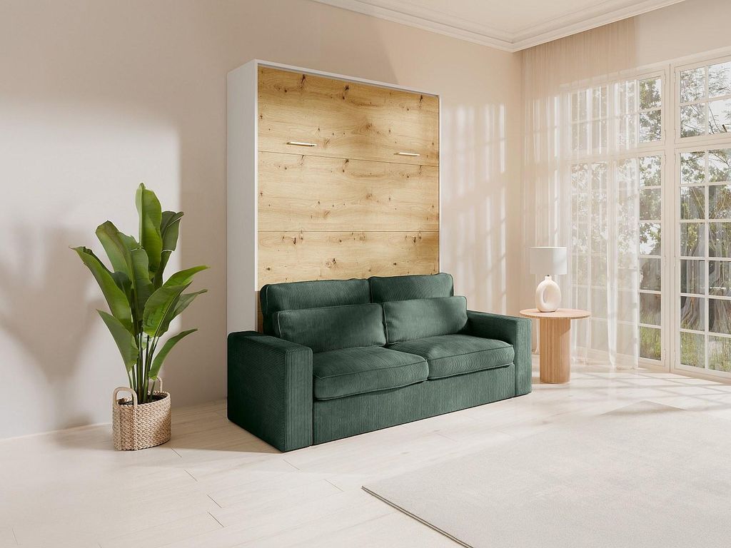 Schrankbett 140 x 200 cm - Manuelle vertikale Öffnung - Farbgebung: Natur und Weiß + Grünes Sofa - BEGANIO