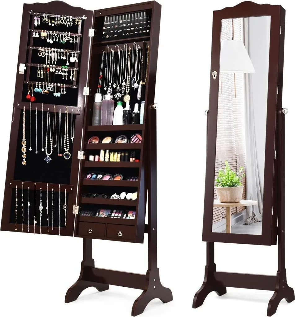 Armoire à bijoux 14 LED avec miroir pleine longueur et étagères de rangement