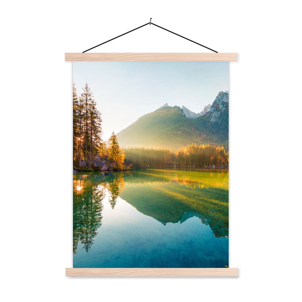 MuchoWow Textilposter See - Wald - Berge - Natur - Sonne - Landschaft 120x160 cm mit holzfarbenen Rahmen - Plakatkarton