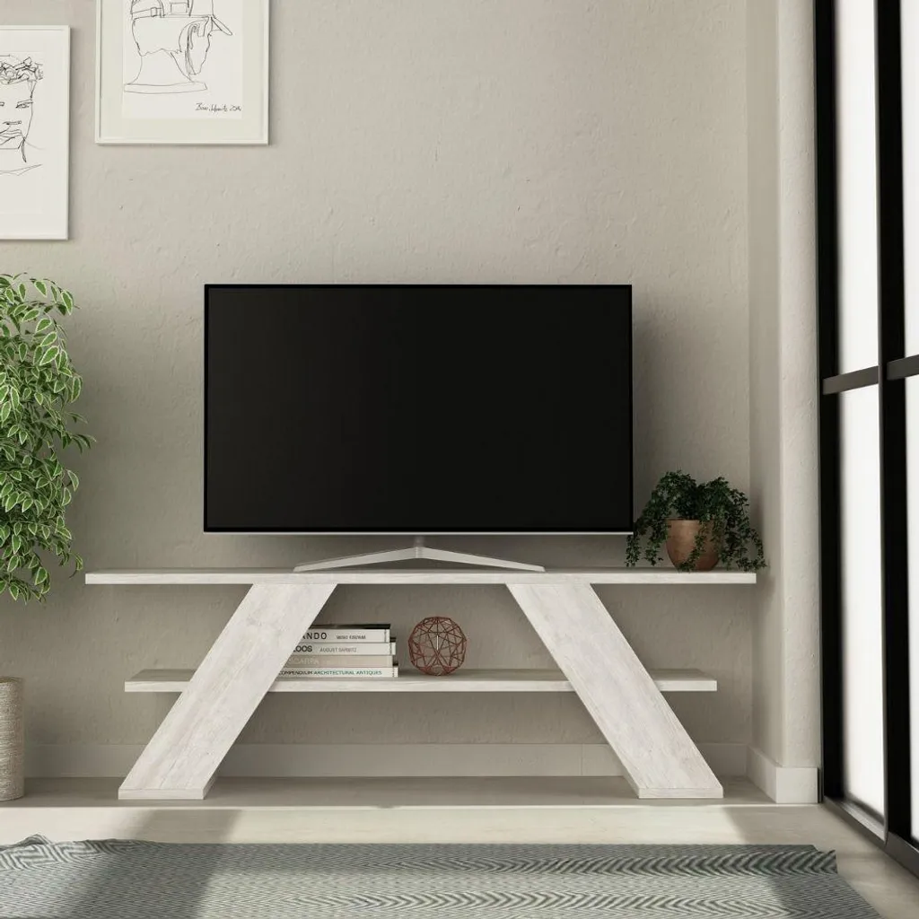 Porta TV 120cm Bianco Vintage Farfalla | Stile Minimal 2 Ripiani