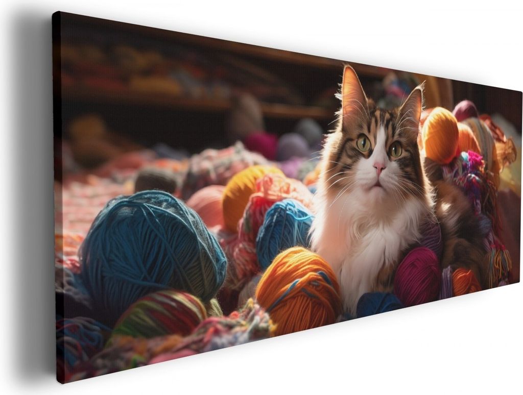 Wallario Premium Leinwandbild Katze in einem Berg von Wollknäuel in Größe 80 x 200 cm