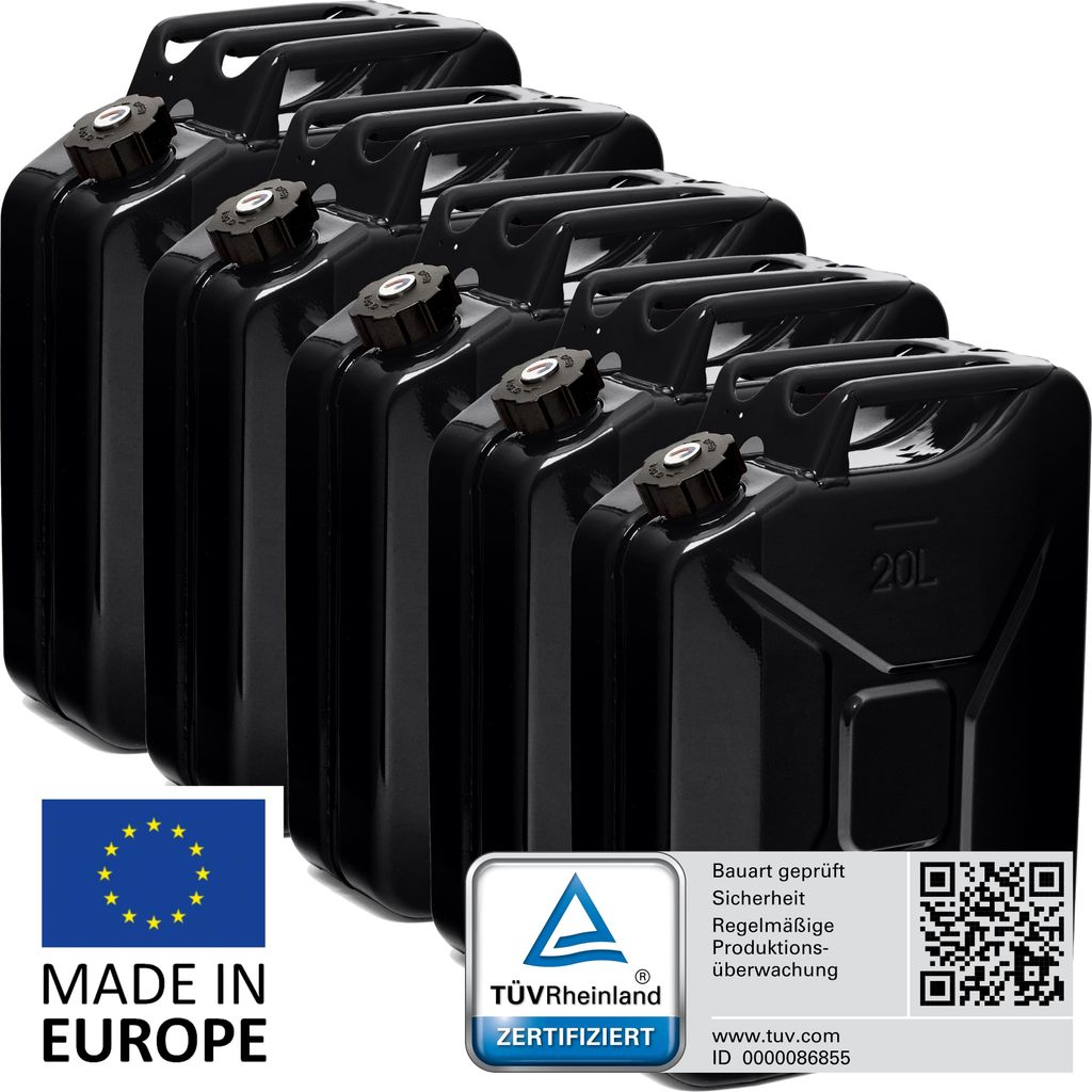 BW Kraftstoffkanister Metall Benzinkanister 5x 20 Liter mit Schraubverschluss - Schwarz RAL 9005 - UN-Zulassung - Hergestellt in Europa