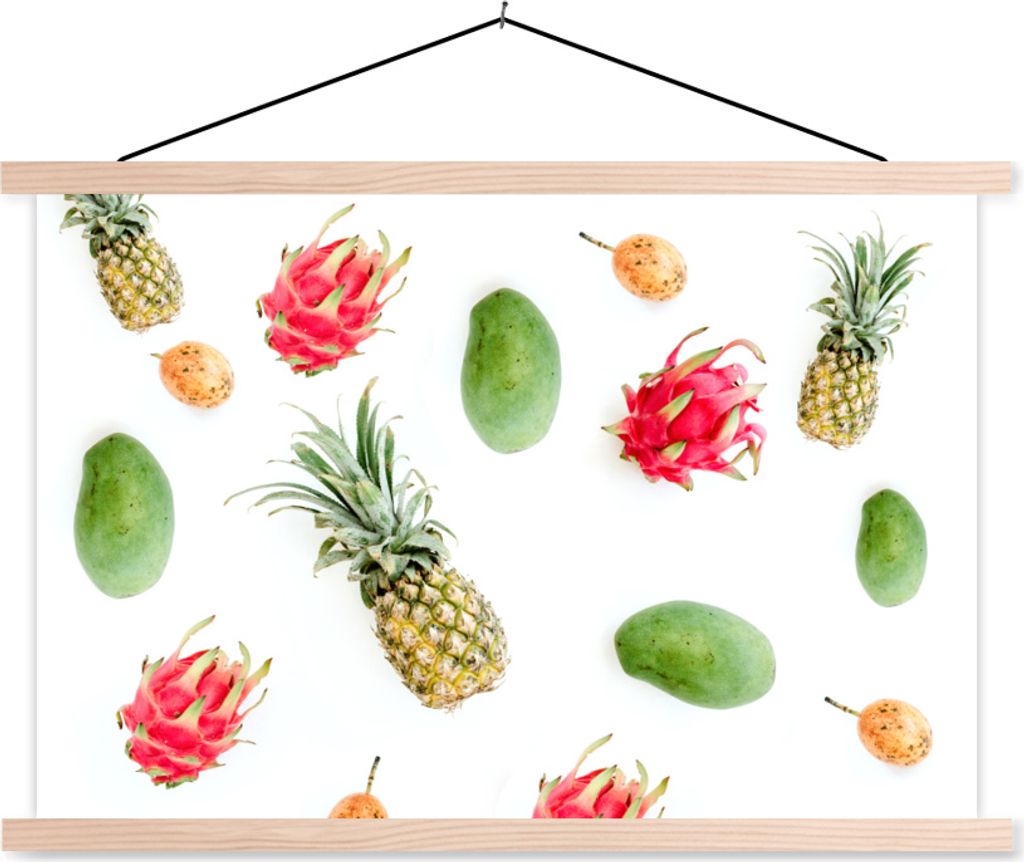 MuchoWow Textilposter Tropisch - Obst - Ananas 120x80 cm mit holzfarbenen Rahmen - Aufhängeset