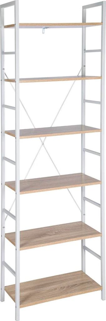 Bücherregal - Regalsystem - 6 Ebenen - 60x28x180 cm - Holz - Minimalistisch Modern - Für Wohnzimmer & Aufbewahrung - Eiche Hell und Weiß