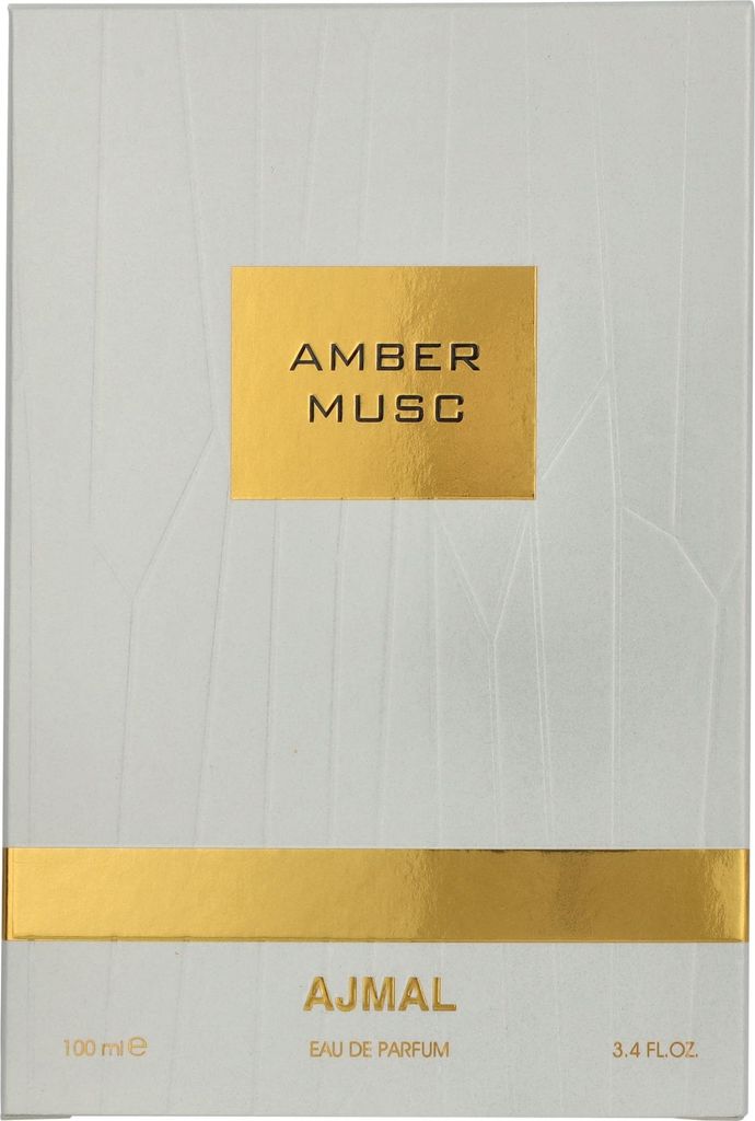 A product box for Ajmal Amber Musc Eau de Parfum.