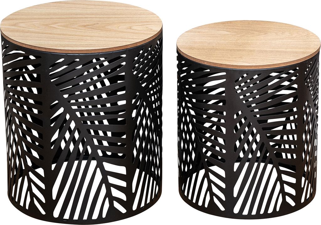 2er Set Beistelltische Schwarz Metall Holz Rund Couchtisch Industrial Sofatisch